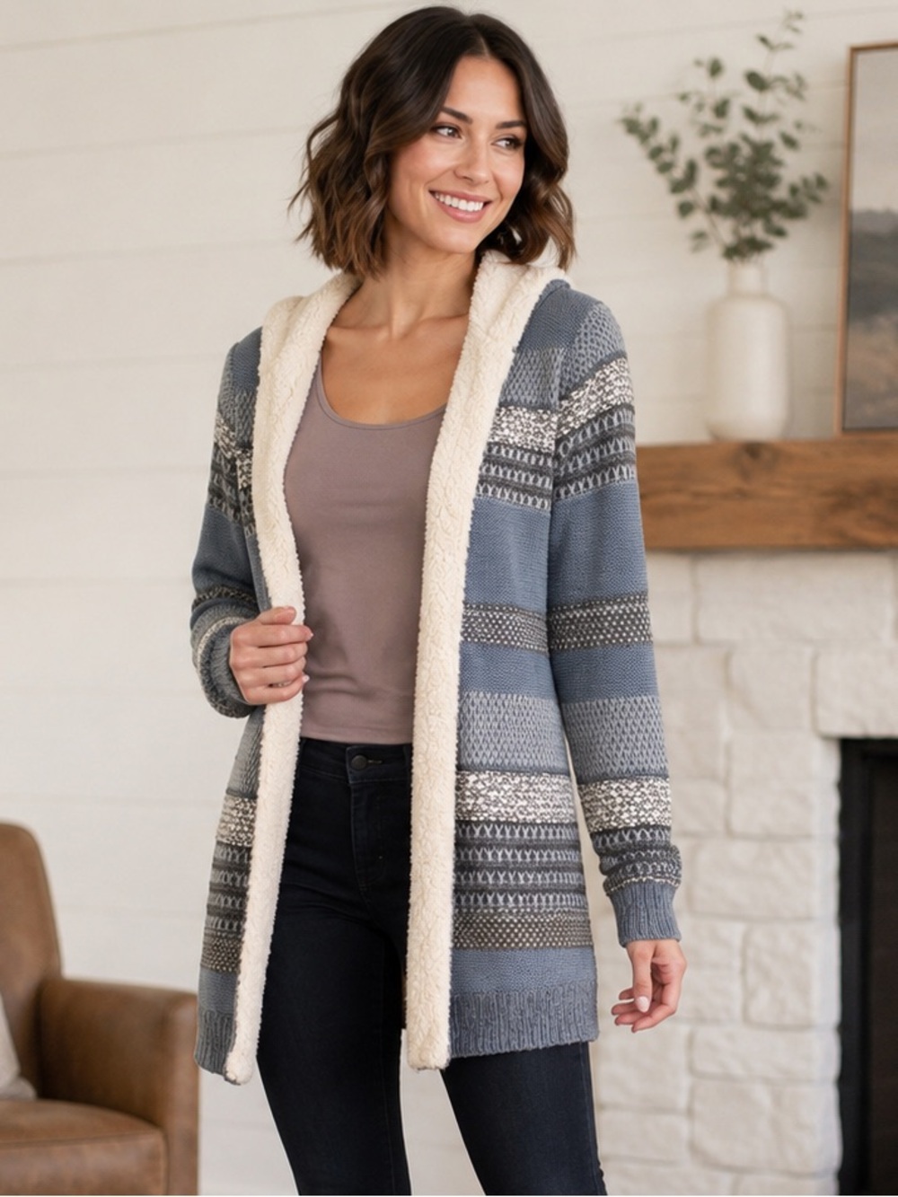 NWT Lety & Me Hooded Open Cardigan Sherpa-Trim